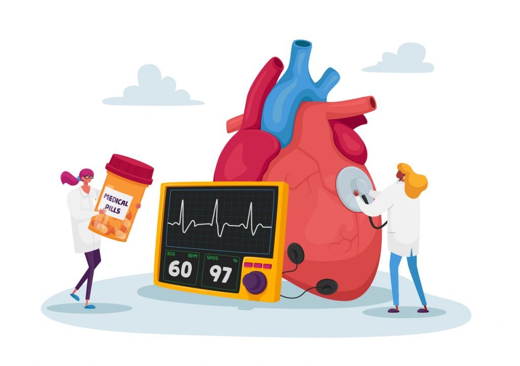 Tiny Doctor Characters at Huge Human Heart Measure Pulse with Stethoscope. Cardiology Health Care, Medicine and Pills. Cartoon People Illustration